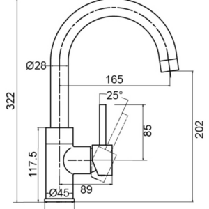 Technical drawing of a kitchen faucet with measurements.