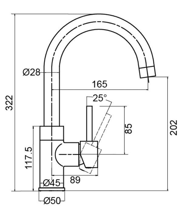 Technical drawing of a kitchen faucet with measurements.