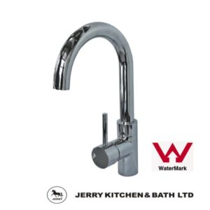 Chrome kitchen faucet with Jerry Kitchen & Bath Ltd logo.