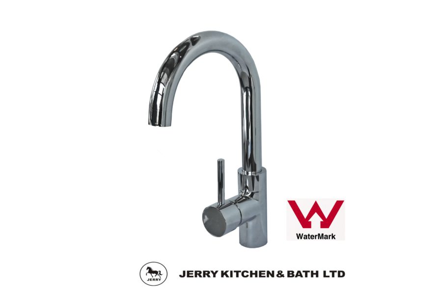 Chrome kitchen faucet with Jerry Kitchen & Bath Ltd logo.
