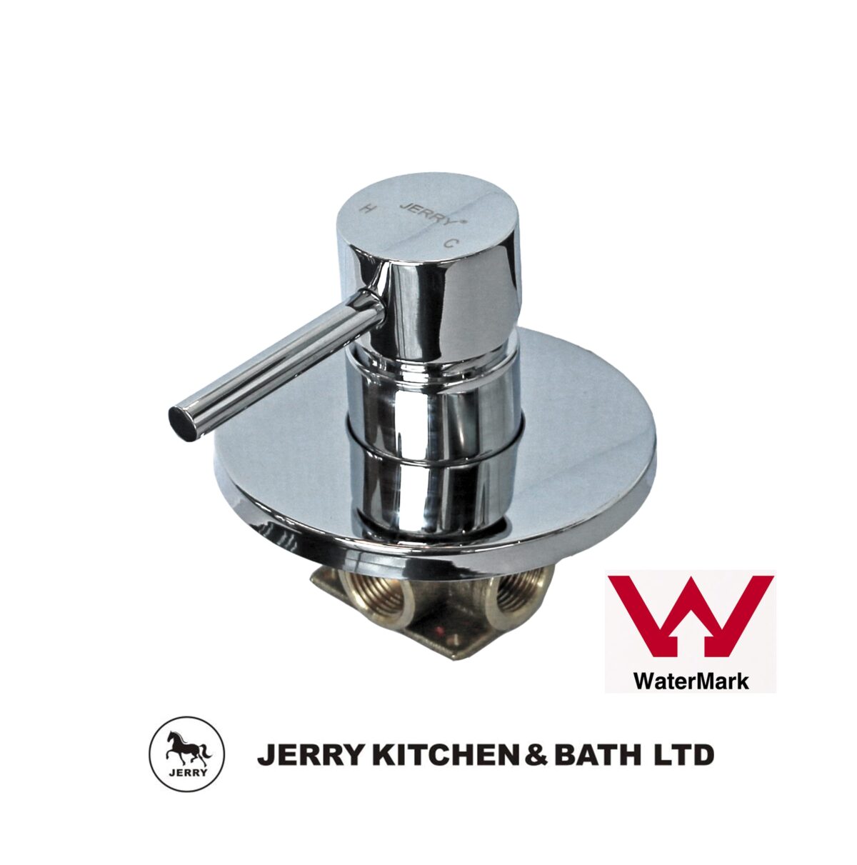 Chrome faucet with WaterMark logo, Jerry Kitchen & Bath branding.