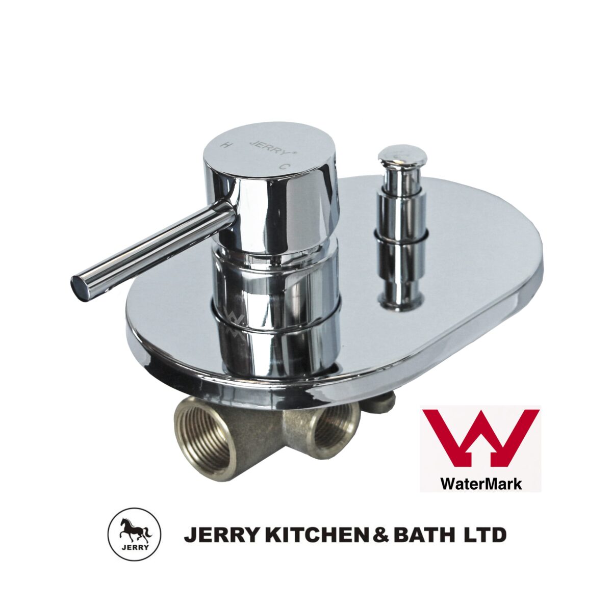 6238logo Chrome faucet with Jerry Kitchen & Bath Ltd logo and WaterMark certification.