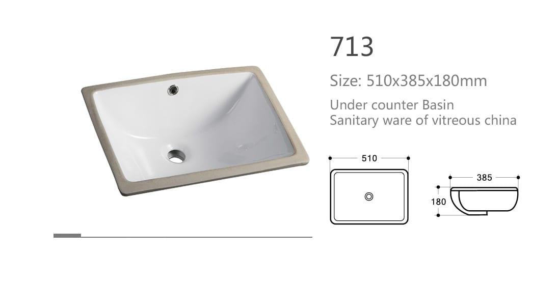 Under counter basin, size 510x385x180mm, sanitary ware of vitreous china.