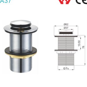 Diagram and photo of a metal sink drain with dimensions.