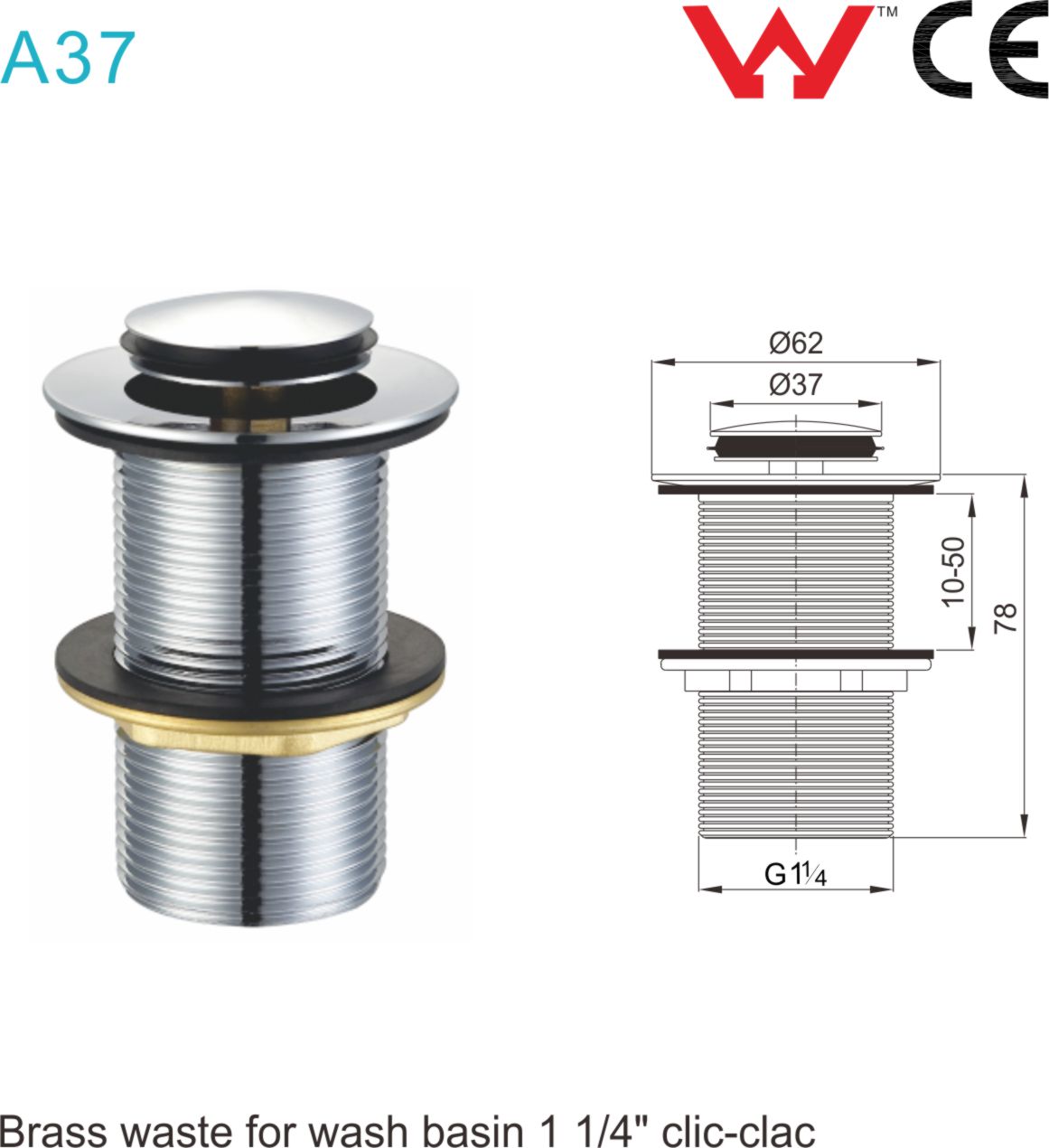 Diagram and photo of a metal sink drain with dimensions.