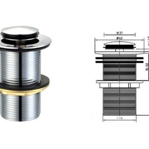 Chrome pop-up basin waste with technical dimensions diagram.