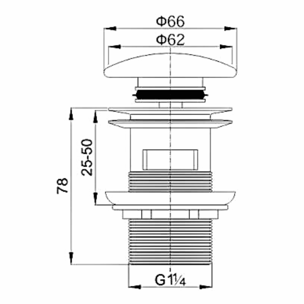 Technical diagram of a pop-up basin waste with dimensions.