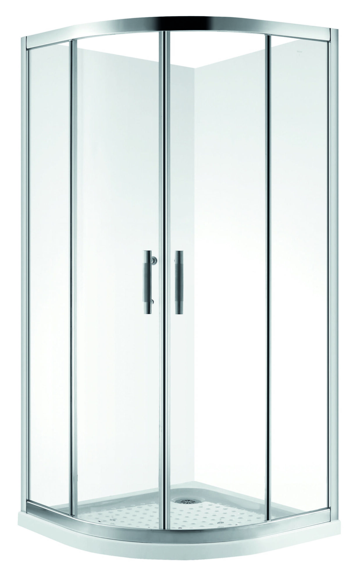 Corner shower enclosure with glass doors and metal handles.