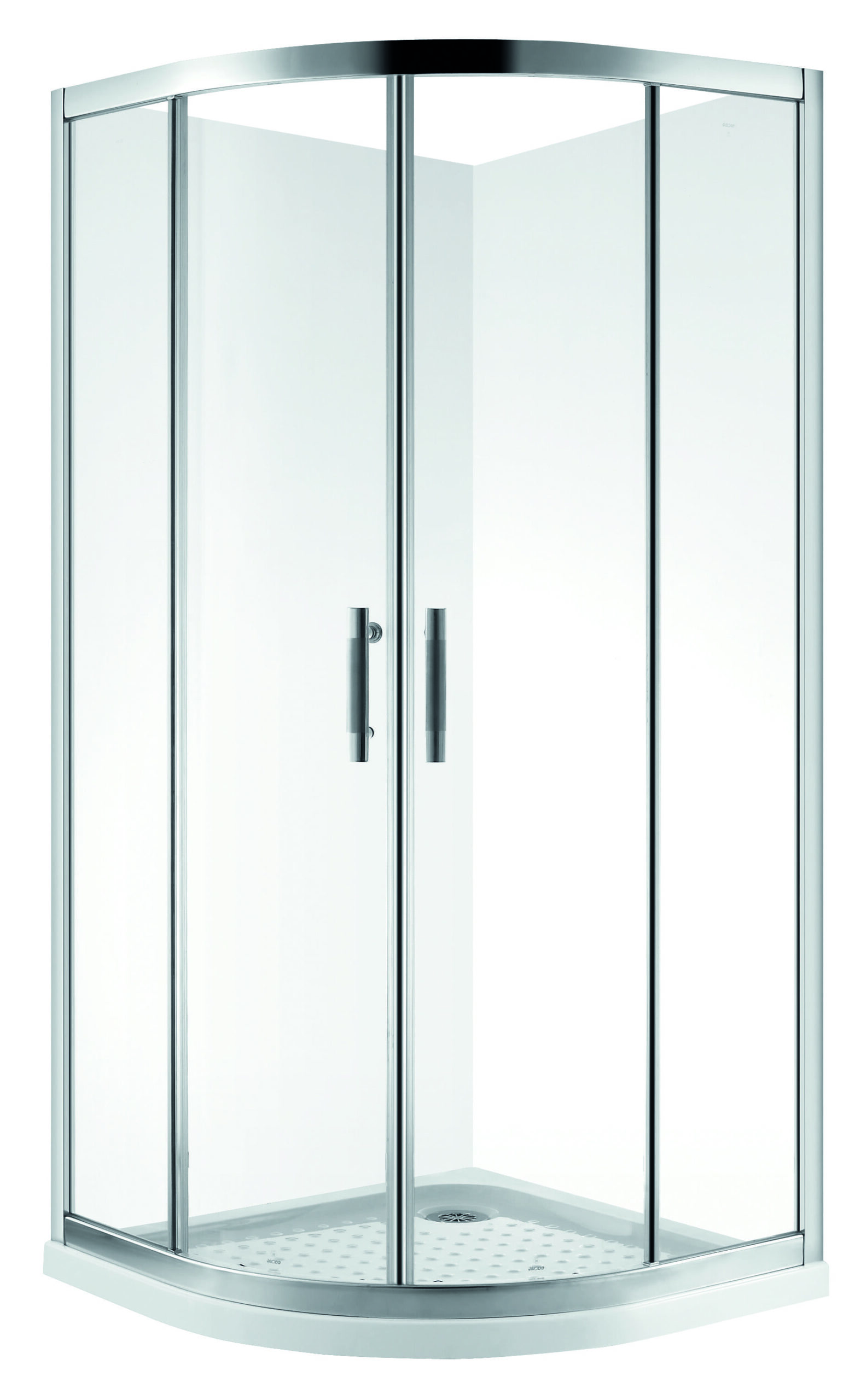 Corner shower enclosure with glass doors and metal handles.