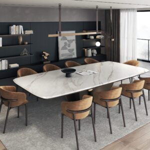 Modern dining room with marble table and brown chairs.