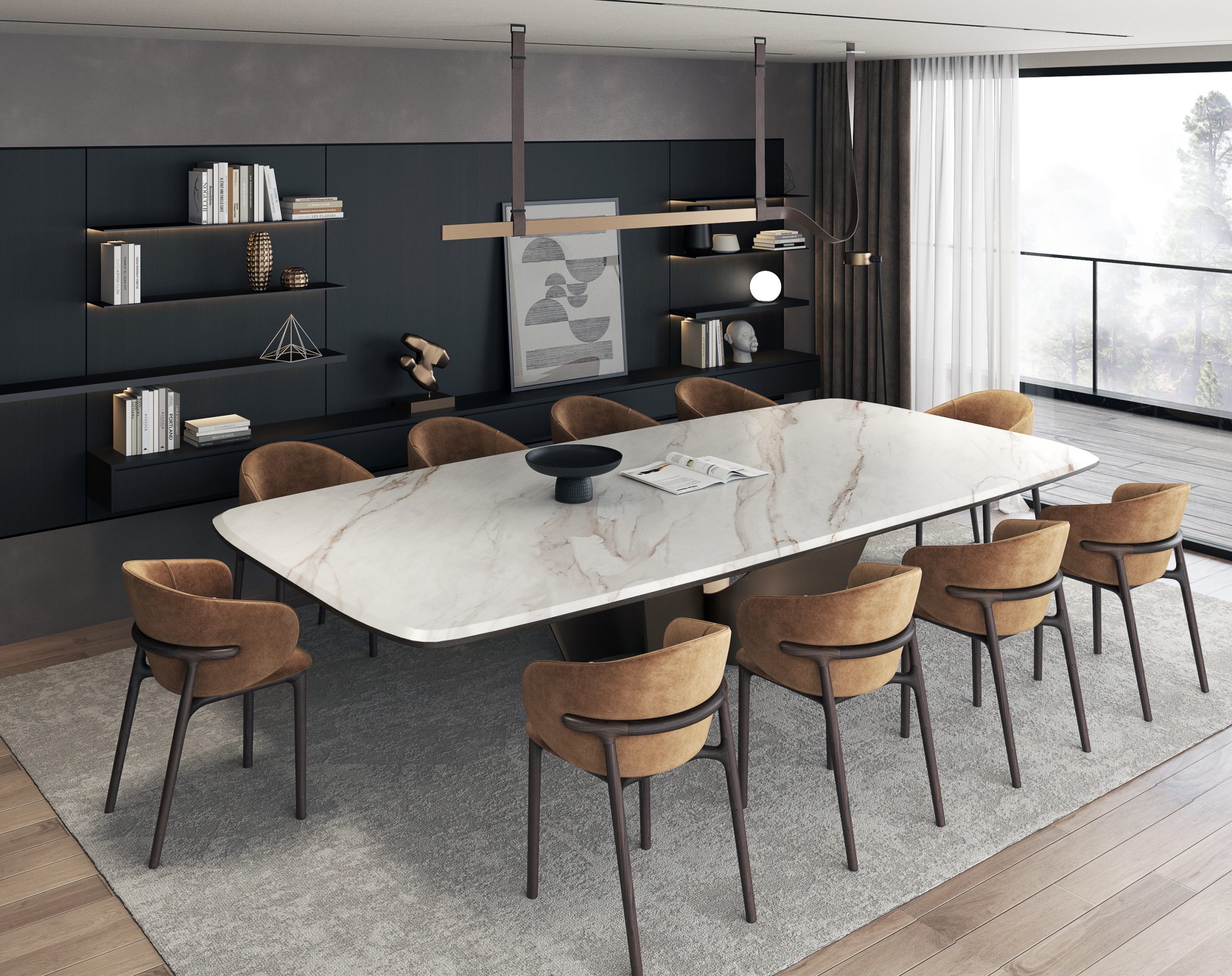 Modern dining room with marble table and brown chairs.