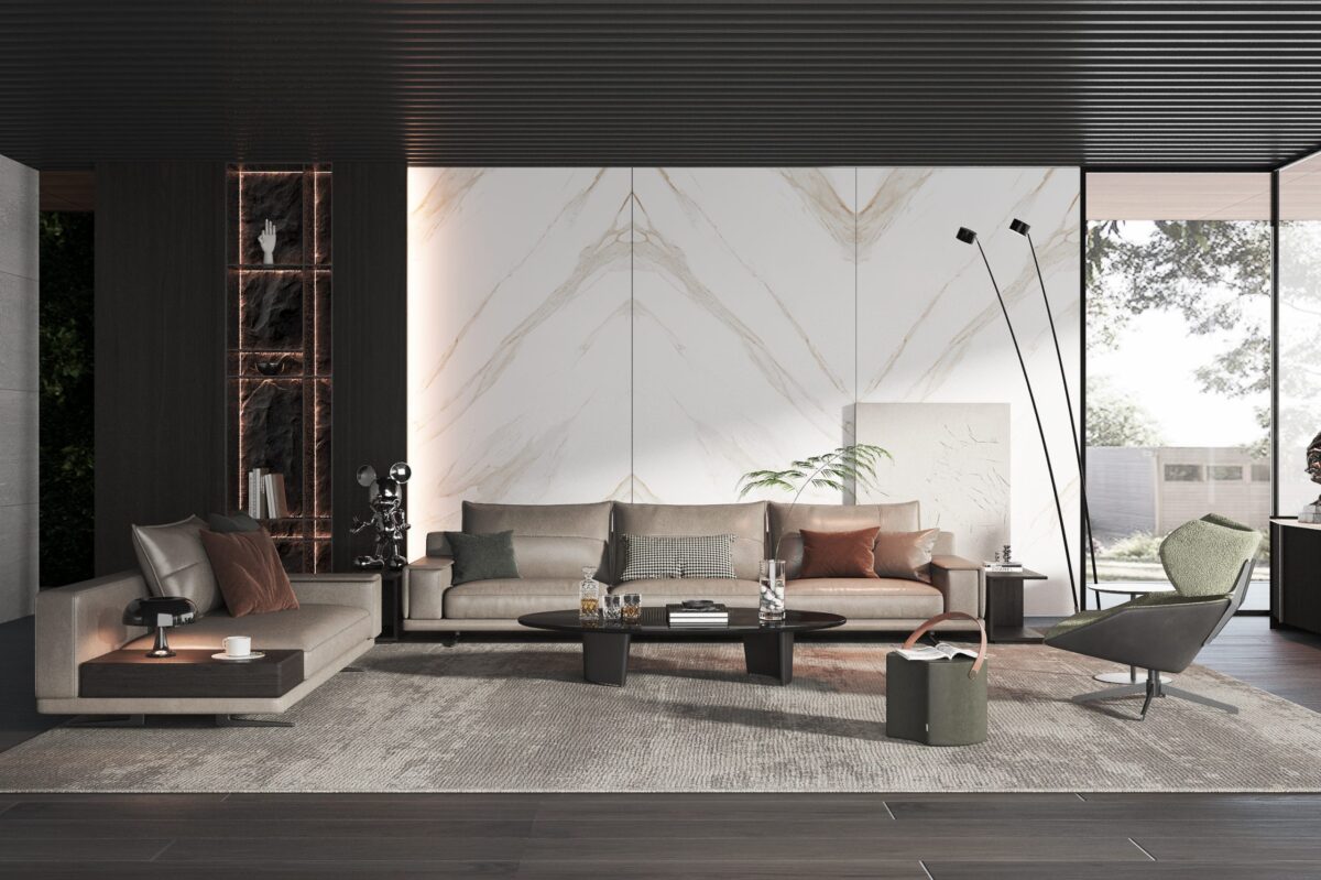 Modern living room with elegant marble accent wall and contemporary furniture.