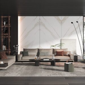 Modern living room with elegant marble accent wall and contemporary furniture.