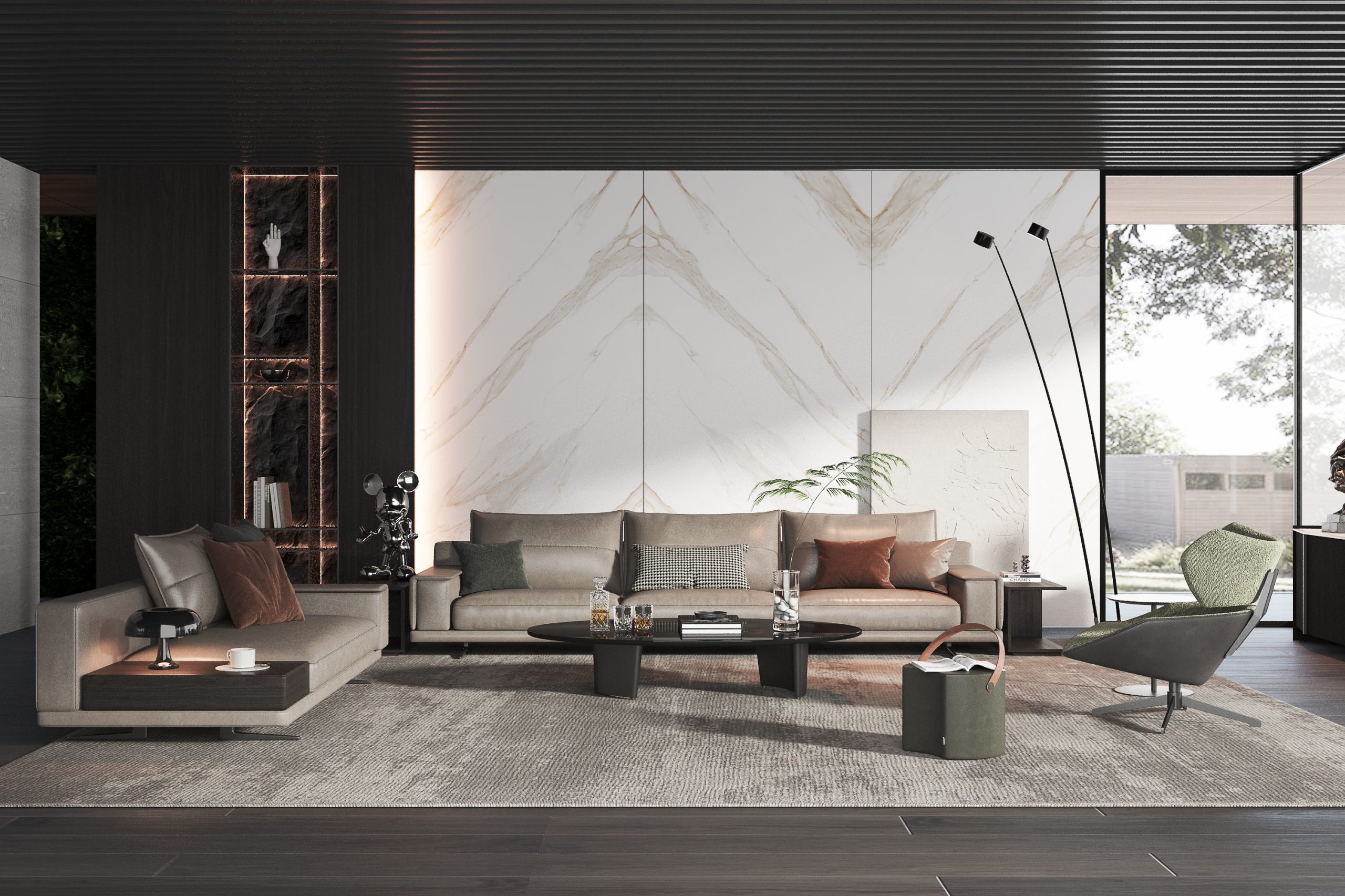 Modern living room with elegant marble accent wall and contemporary furniture.