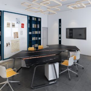 Modern office with black marble desks and bookshelves.