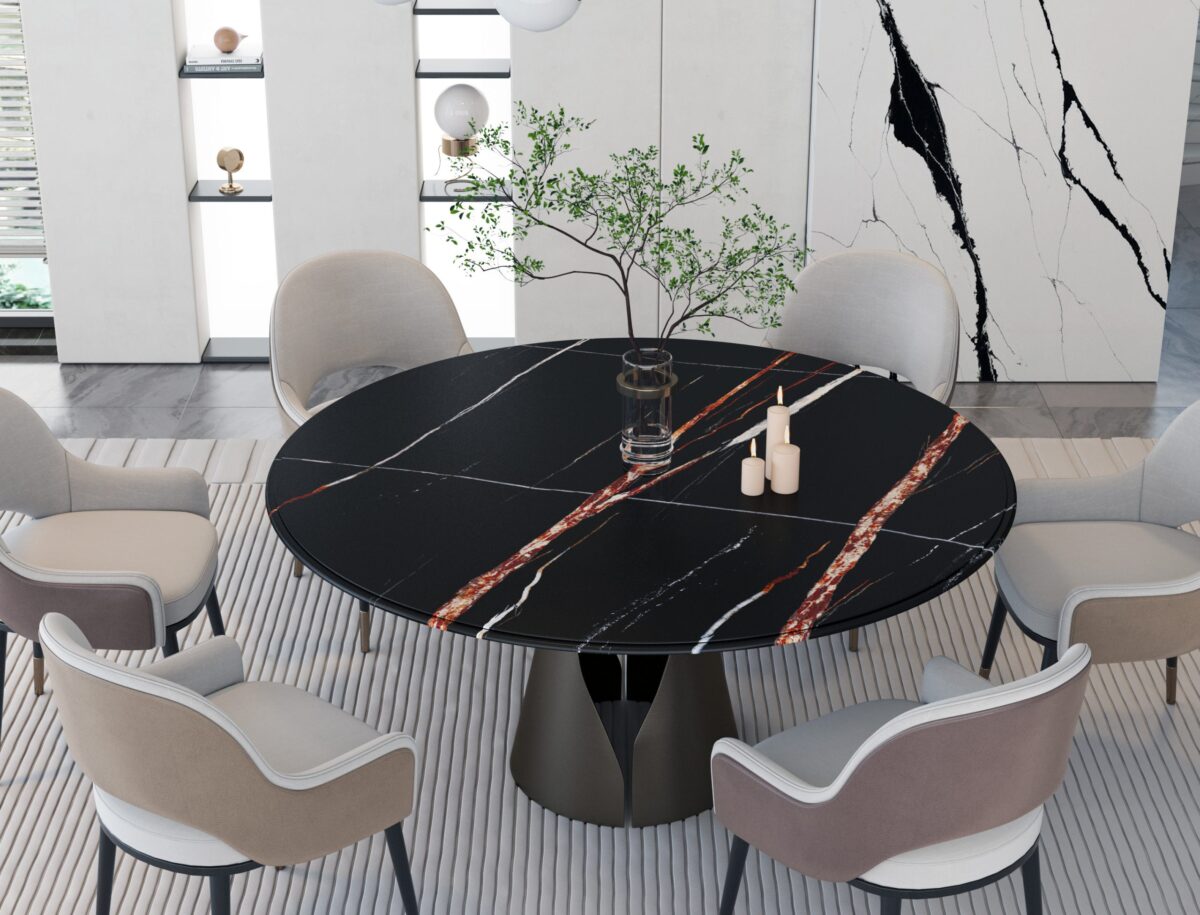 Modern dining room with a round black marble table and six chairs.
