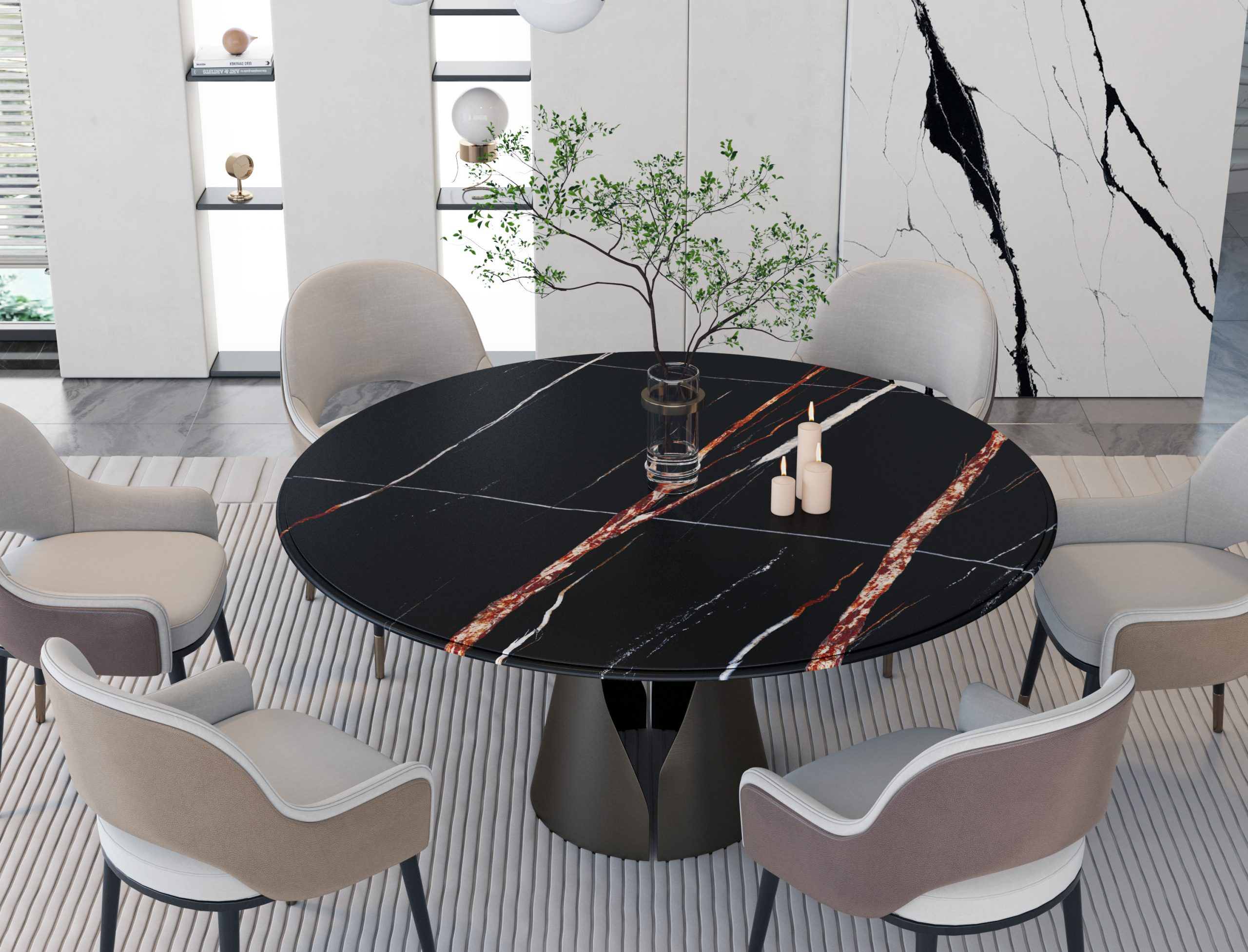 Modern dining room with a round black marble table and six chairs.