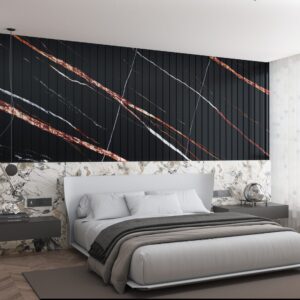 Modern bedroom with black and gold accent wall behind bed.