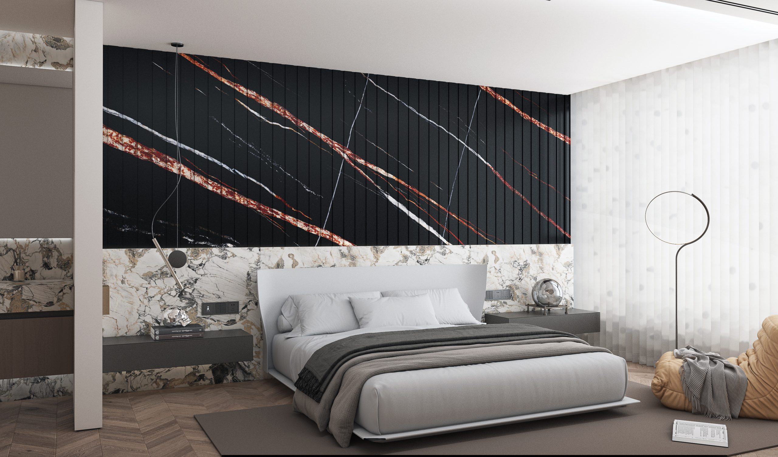 Modern bedroom with black and gold accent wall behind bed.