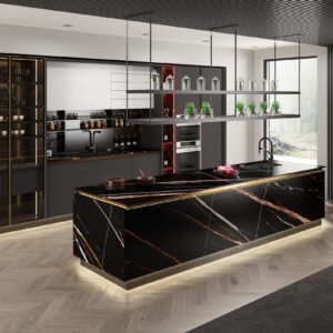 Modern kitchen with black and gold marble island, open shelving, and elegant decor.