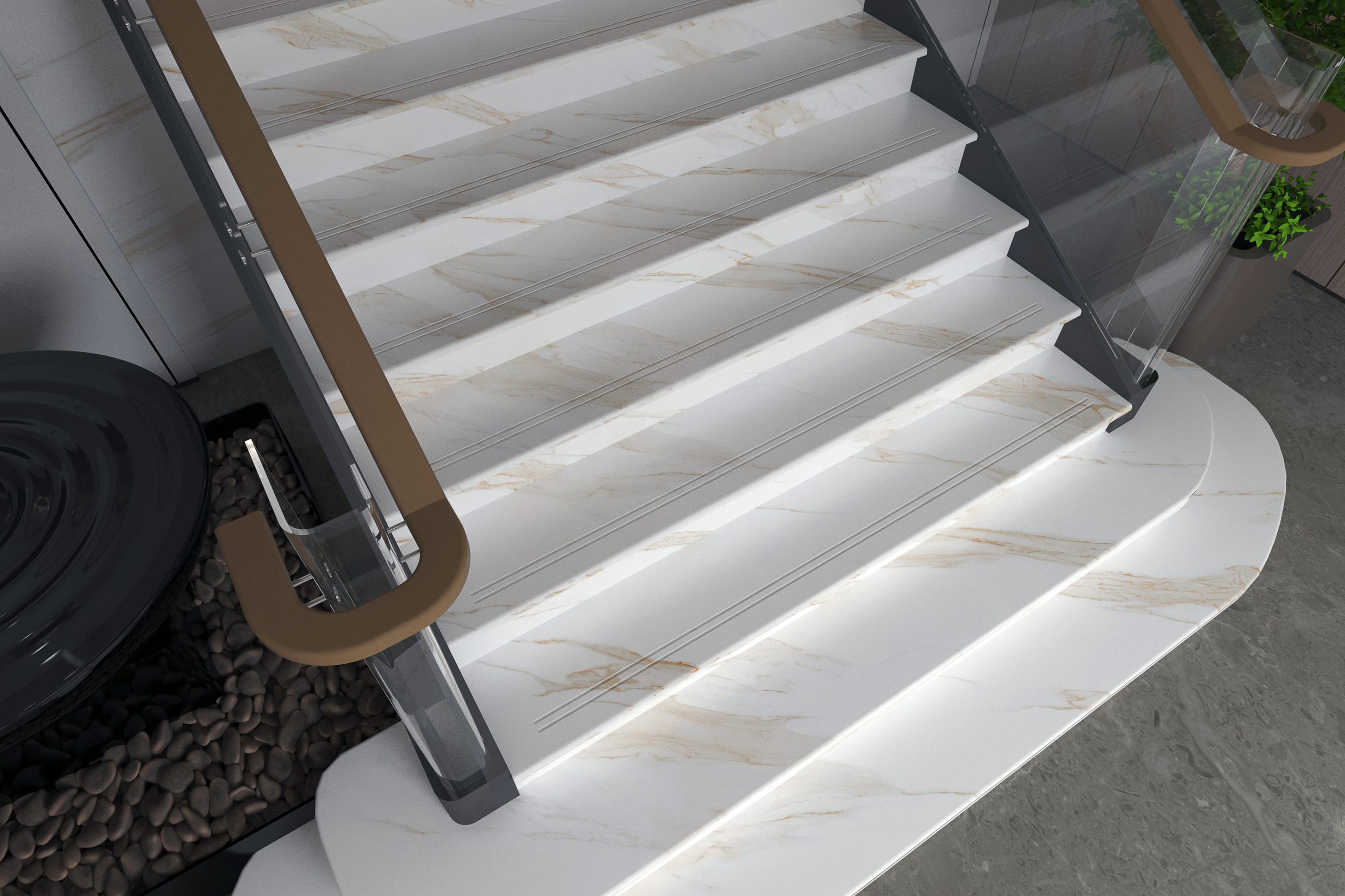 Marble staircase with glass railings and wooden handrails.