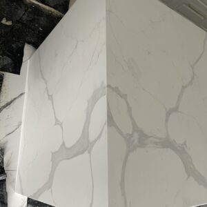 Calacatta Sky Quartz countertop with gray veining.