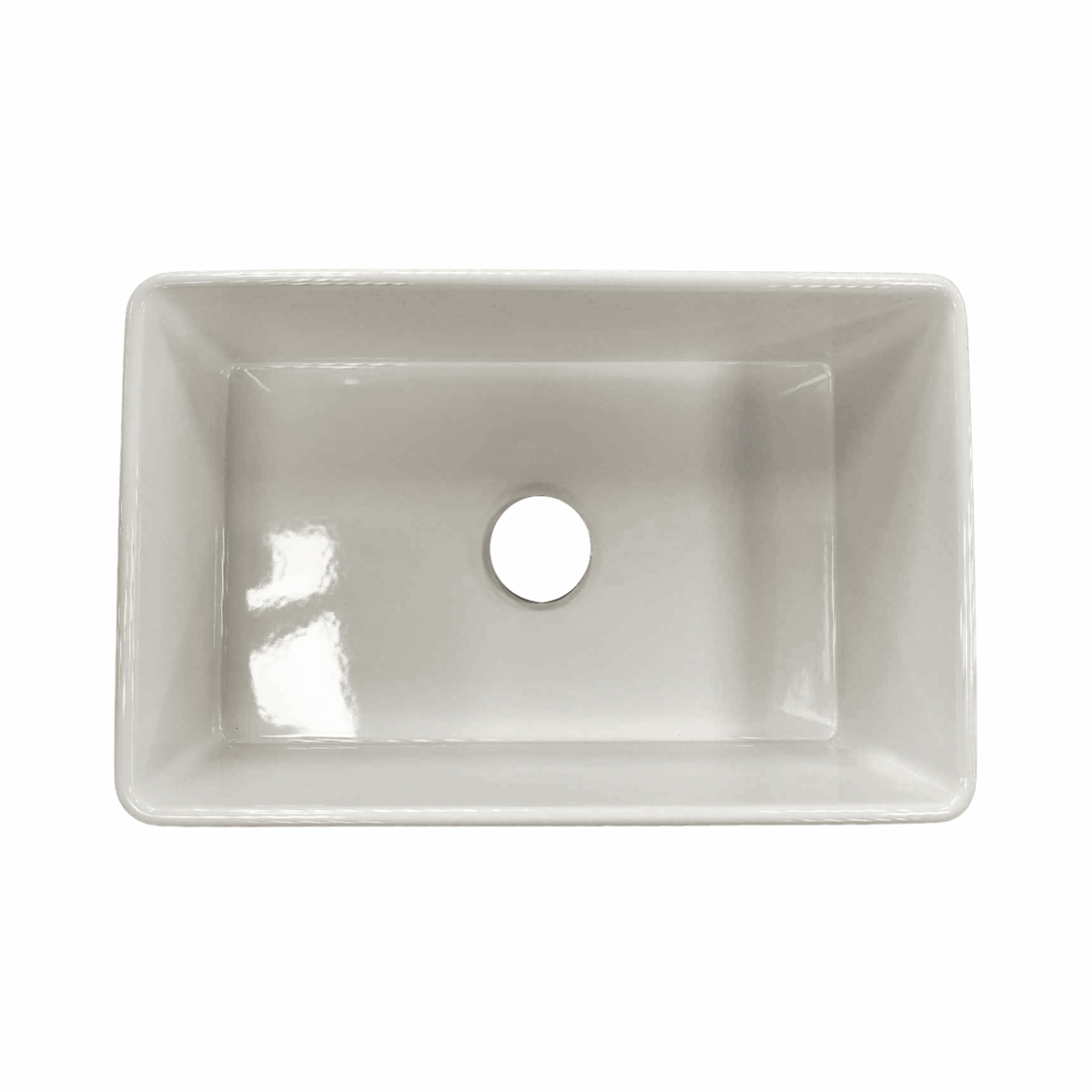 Rectangular white ceramic butler sink with central drain hole.