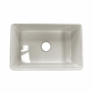 Rectangular white ceramic butler sink with central drain hole.