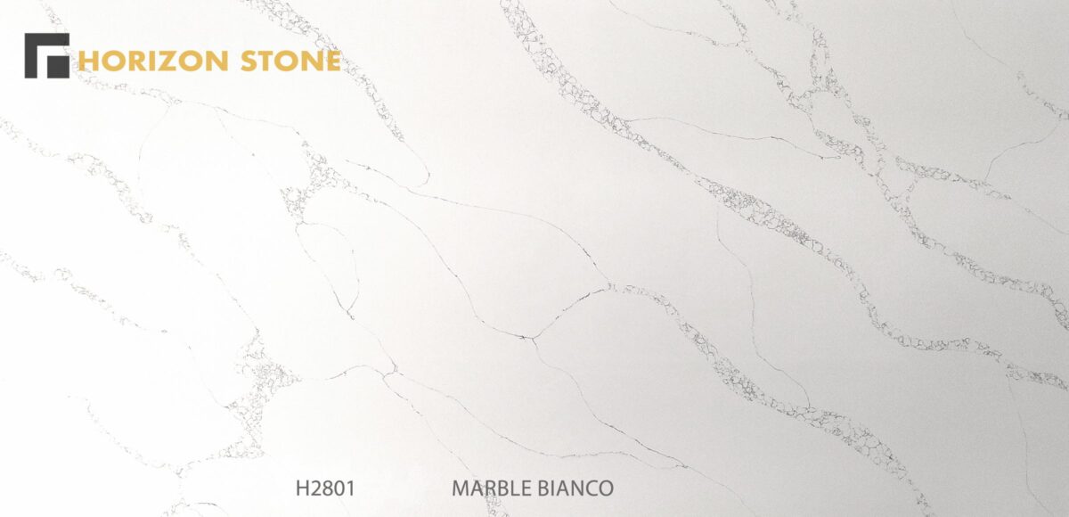 Engineered stone slab with marble bianco pattern, Horizon Stone logo.
