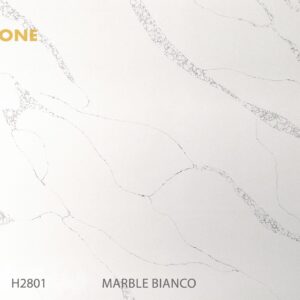 Engineered stone slab with marble bianco pattern, Horizon Stone logo.