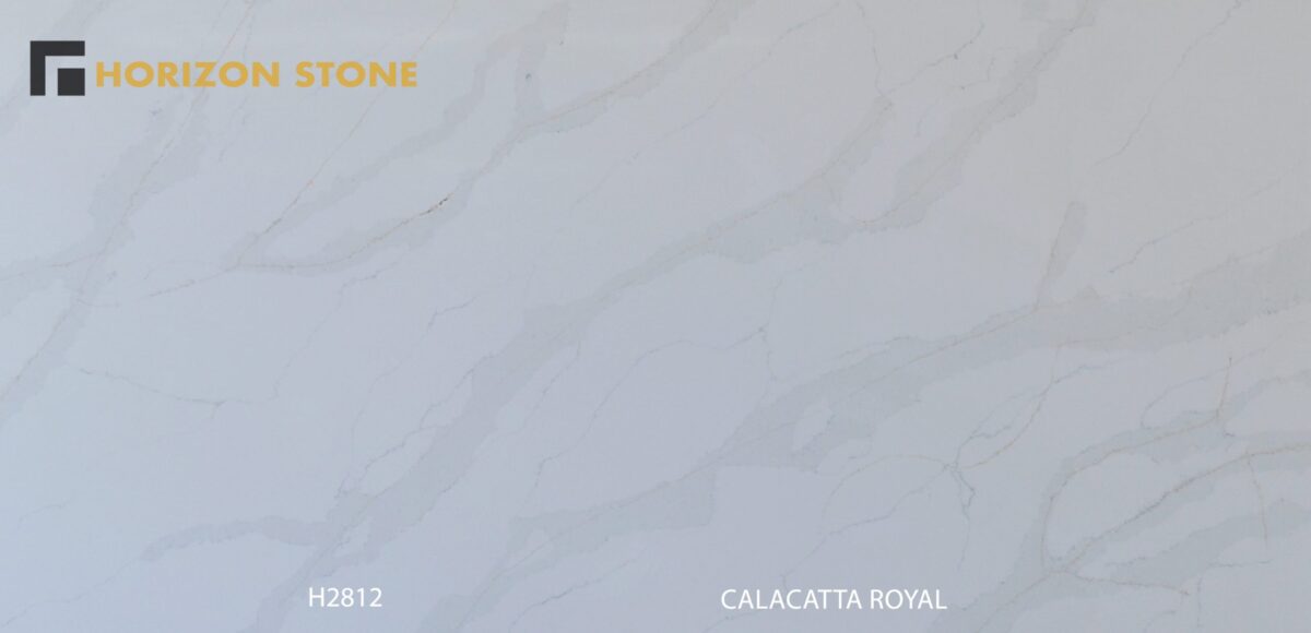 Engineered stone slab with Calacatta Royal pattern, light gray veining.