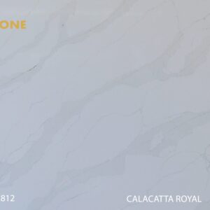 Engineered stone slab with Calacatta Royal pattern, light gray veining.