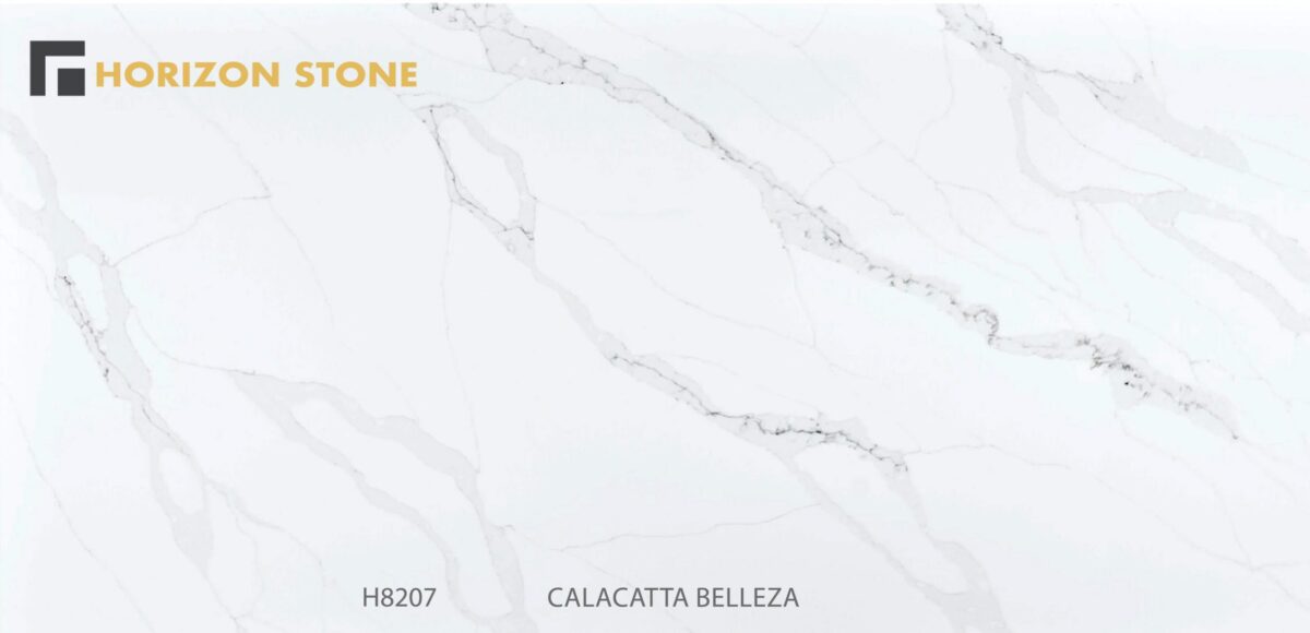 Calacatta Belleza engineered stone slab with gray veining, labeled H8207.