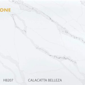 Calacatta Belleza engineered stone slab with gray veining, labeled H8207.