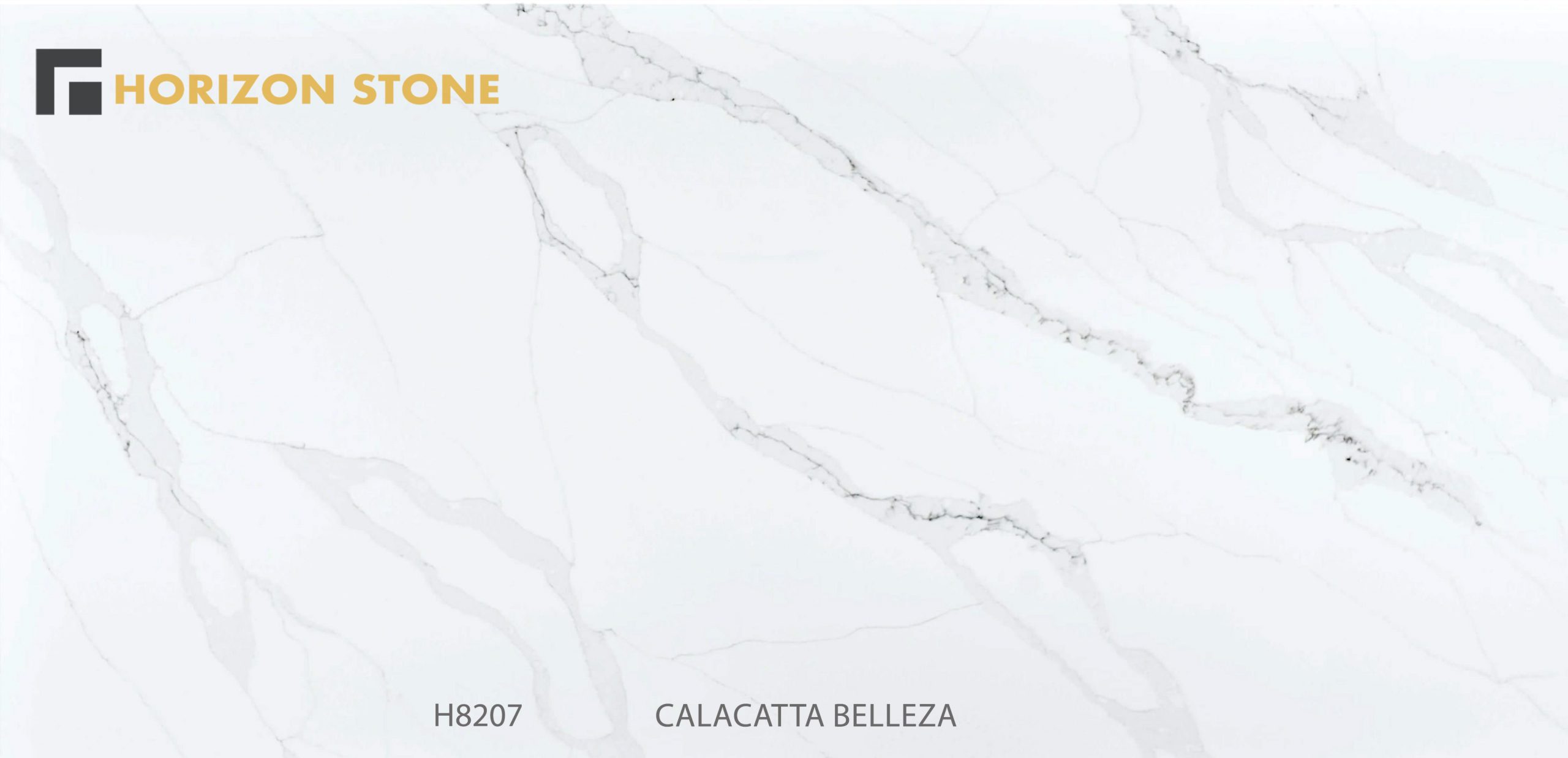 Calacatta Belleza engineered stone slab with gray veining, labeled H8207.