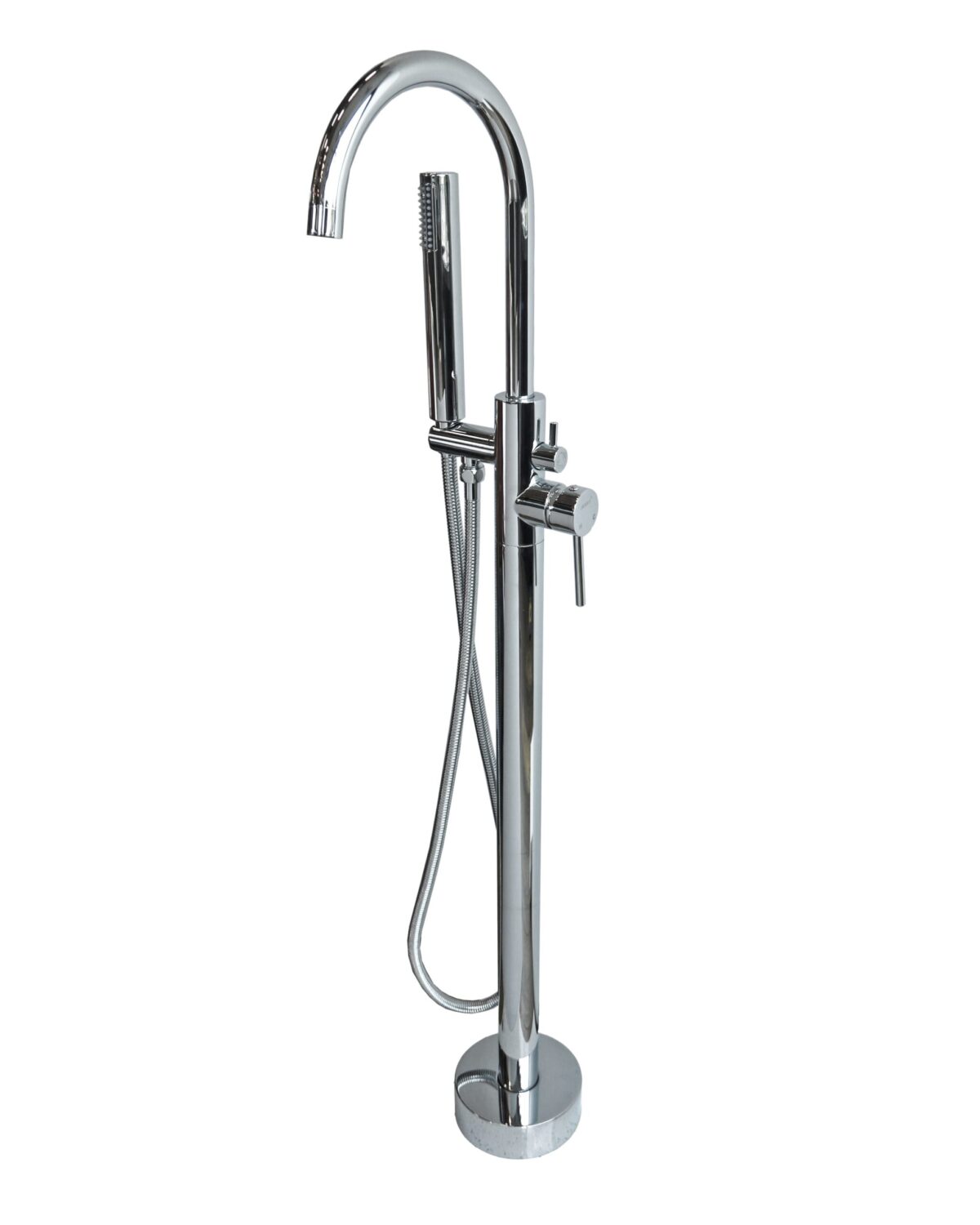 Freestanding chrome bathtub faucet with handheld shower attachment.