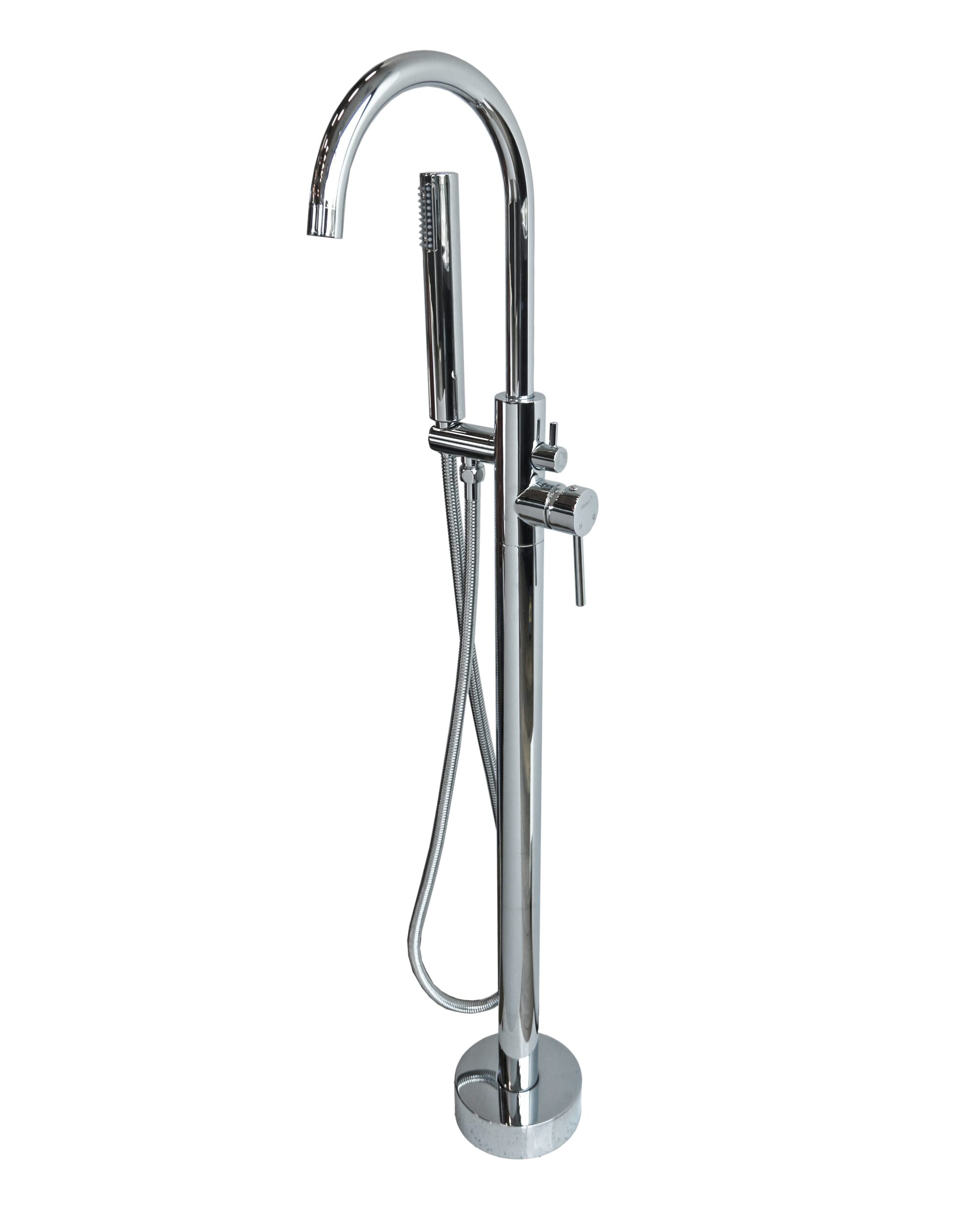 Freestanding chrome bathtub faucet with handheld shower attachment.