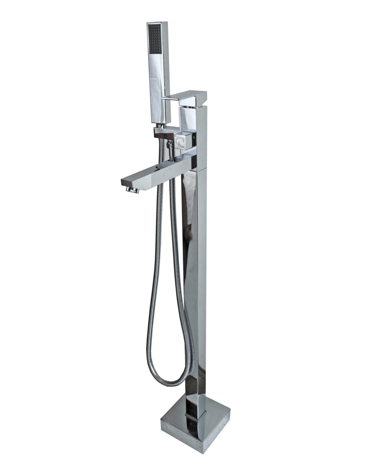 Freestanding chrome bathtub faucet with handheld shower attachment.
