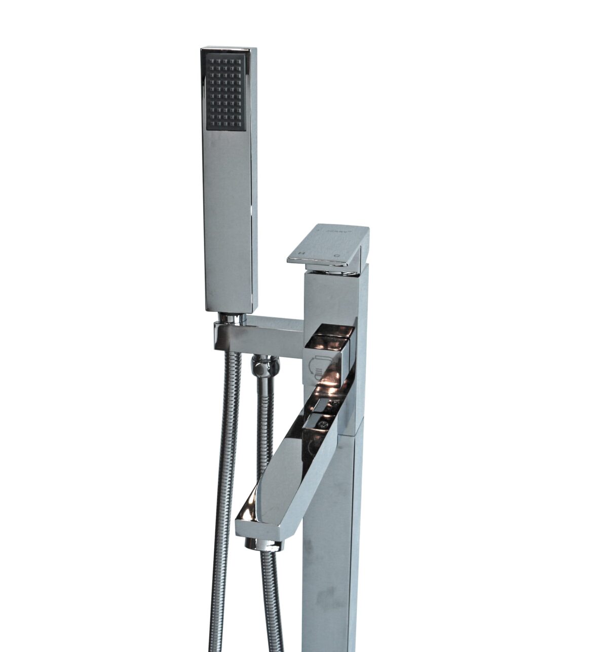 Modern chrome kitchen faucet with pull-out spray head.