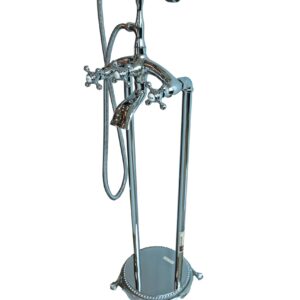 Freestanding chrome bathtub faucet with handheld shower attachment.