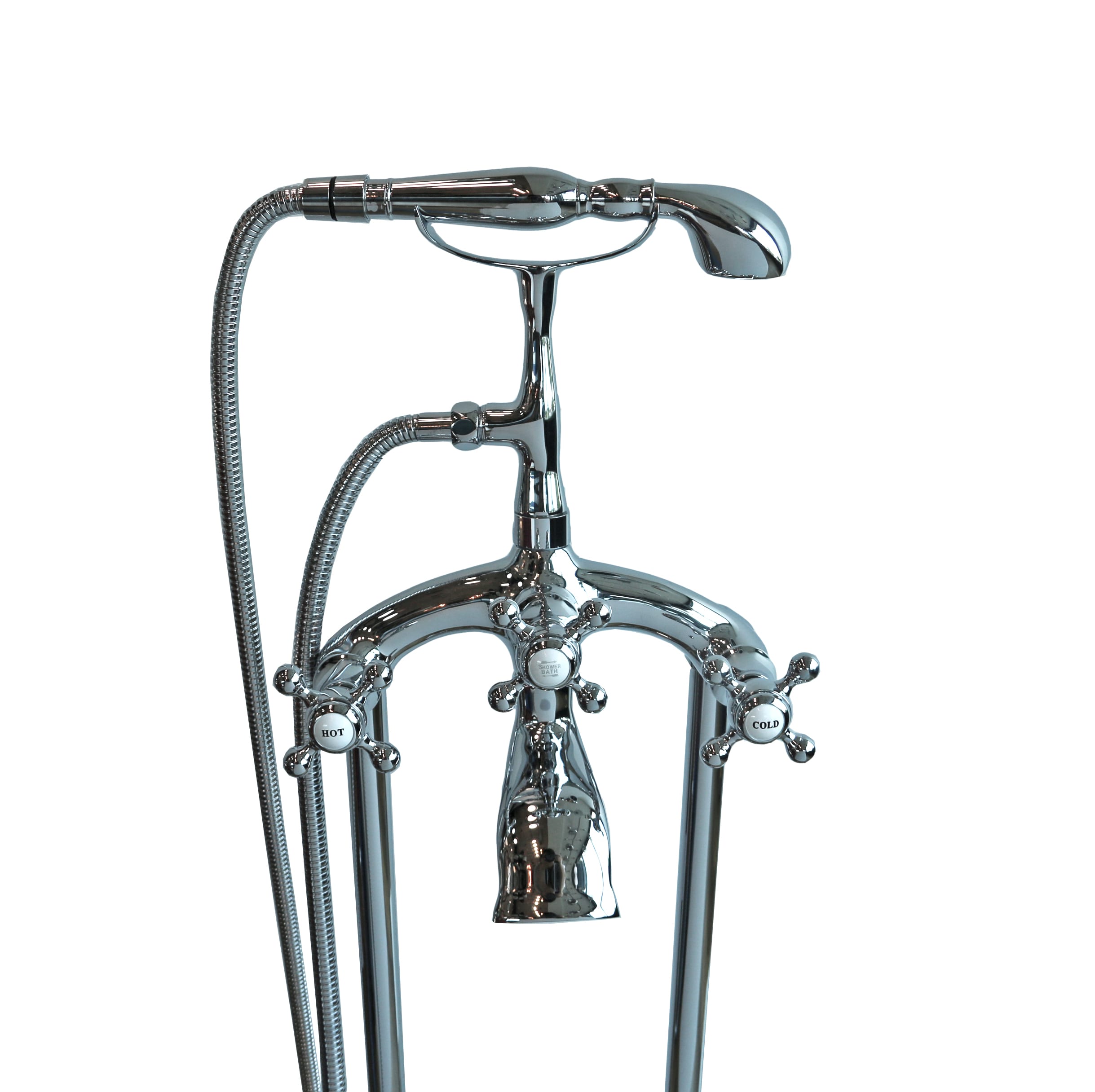 Freestanding chrome bathtub faucet with handheld shower attachment.