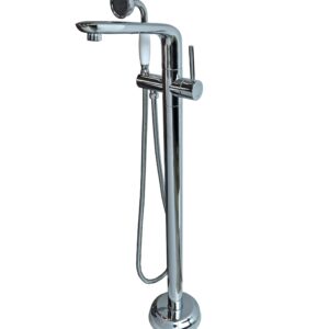 Freestanding chrome bathtub faucet with handheld shower attachment.