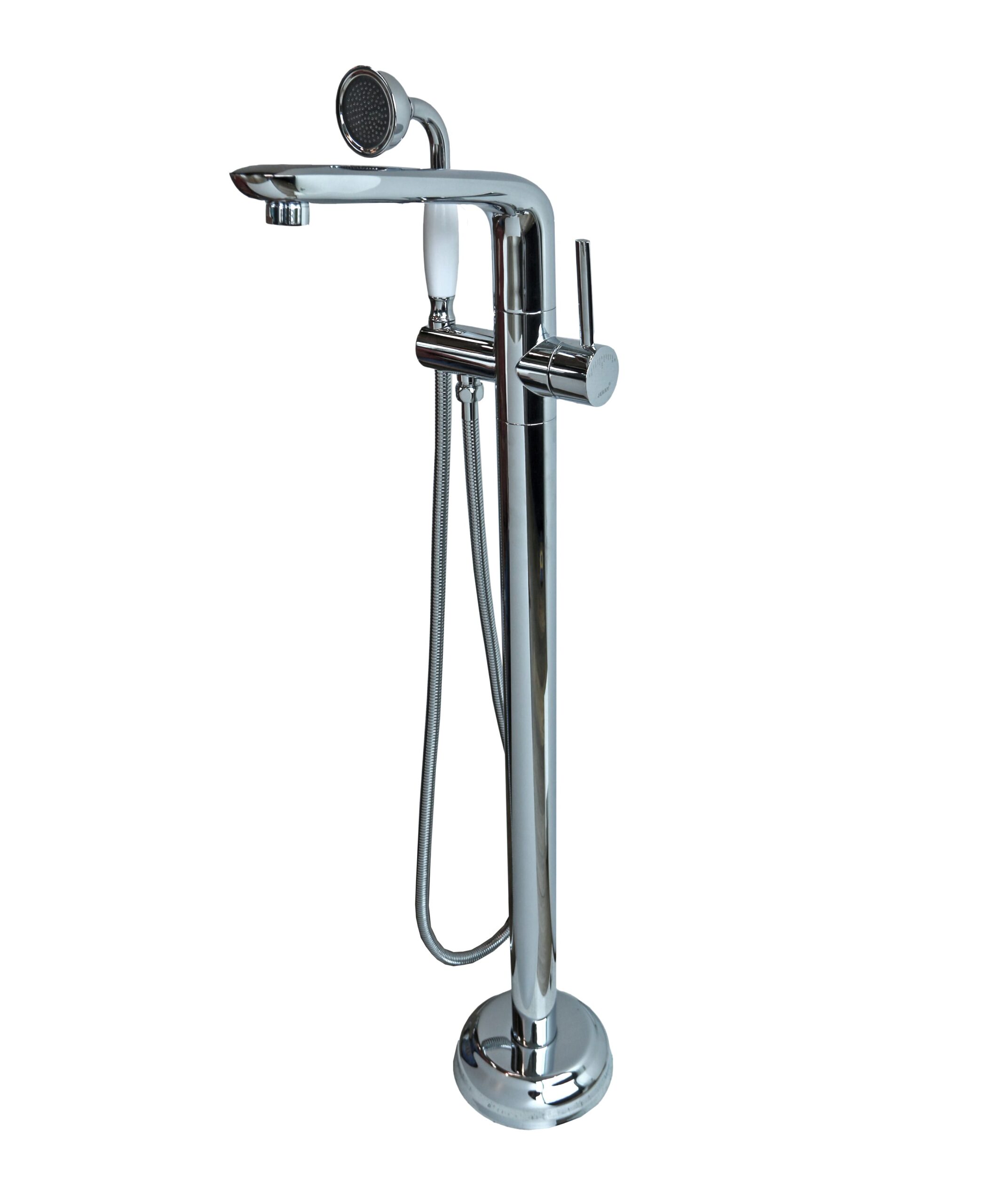 Freestanding chrome bathtub faucet with handheld shower attachment.
