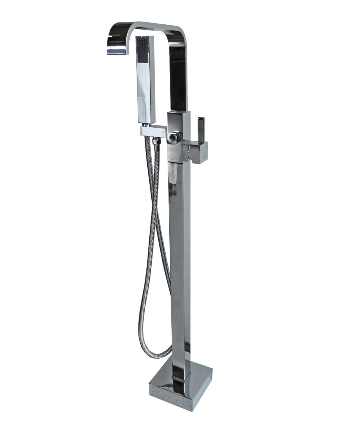 Freestanding chrome bathtub faucet with handheld shower attachment.