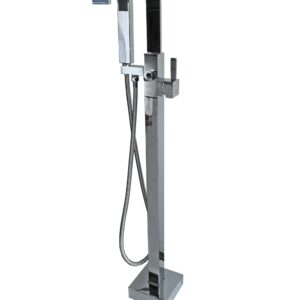 Freestanding chrome bathtub faucet with handheld shower attachment.