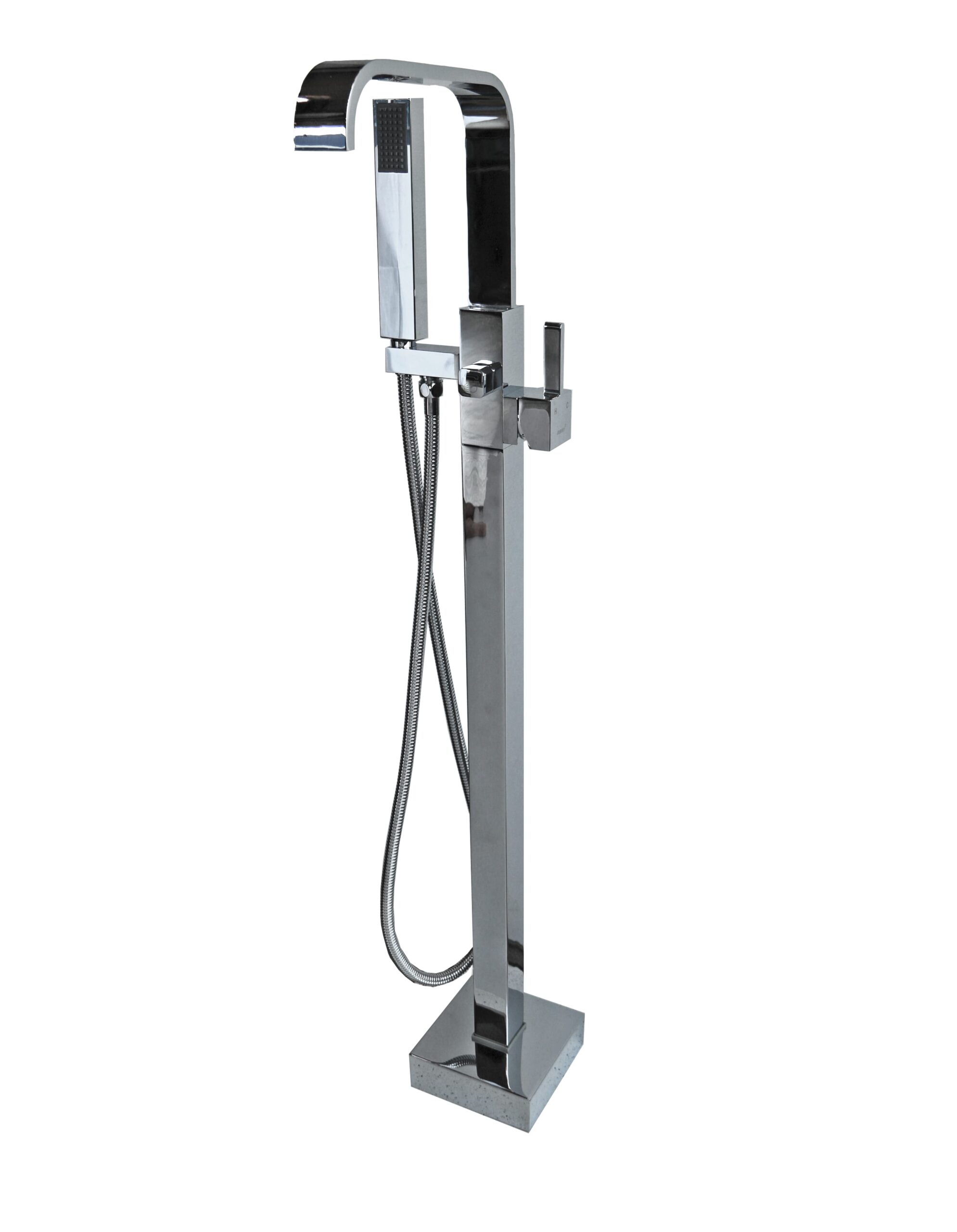 Freestanding chrome bathtub faucet with handheld shower attachment.