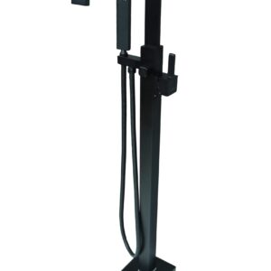 Black freestanding bathtub faucet with handheld shower attachment.