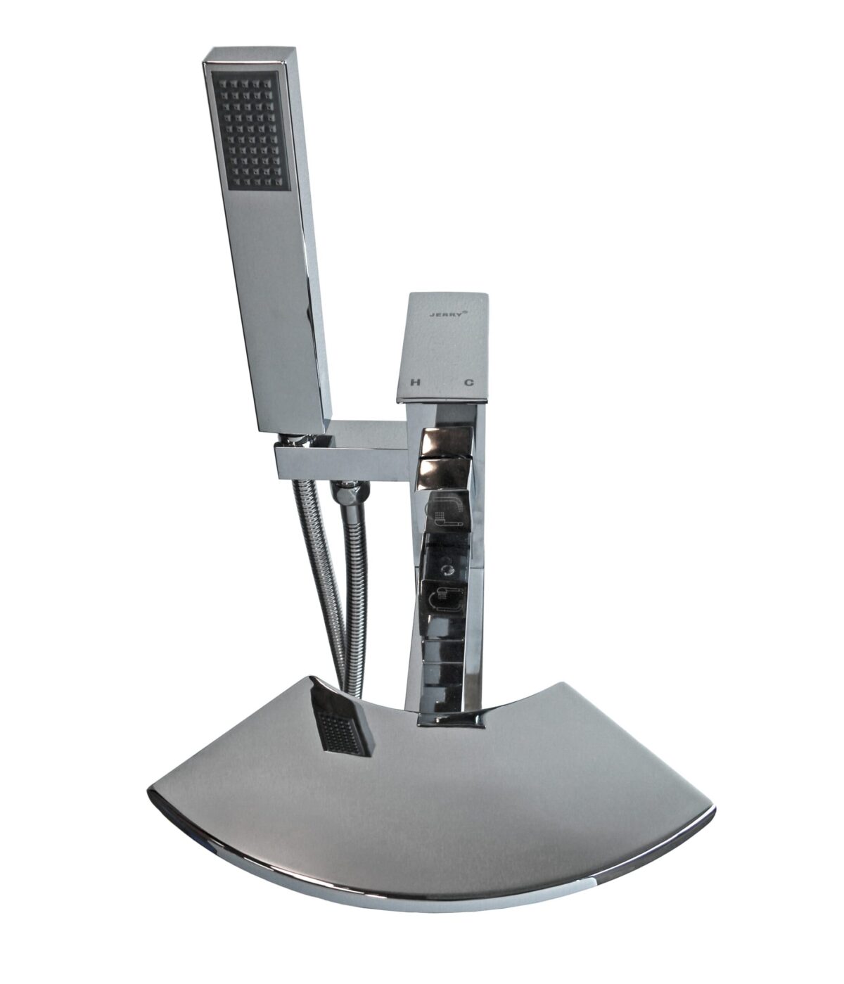 Modern chrome kitchen faucet with detachable spray head.