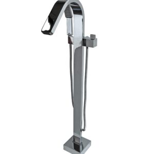 Modern chrome freestanding bathtub faucet with handheld shower attachment.
