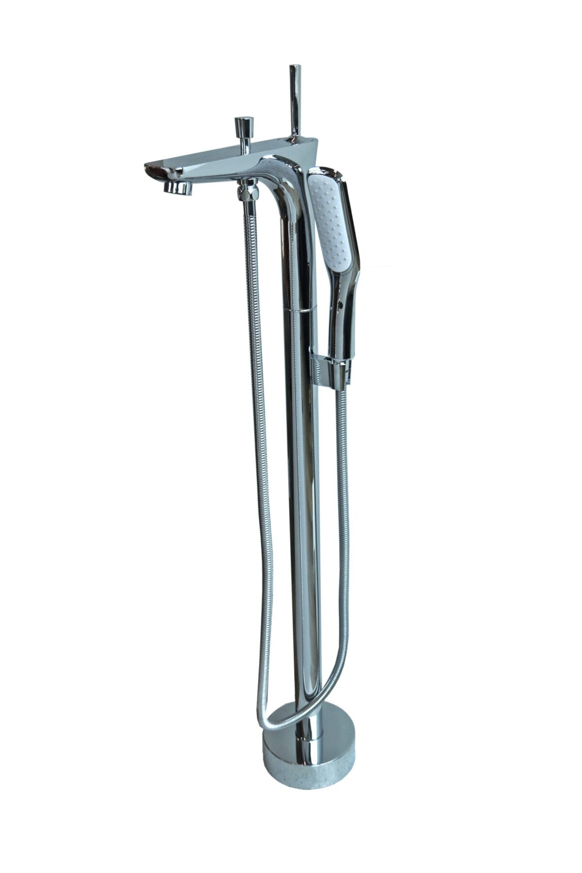 Freestanding chrome bathtub faucet with handheld shower attachment.
